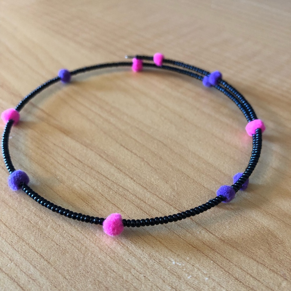 Y2K Memory Wire Choker Black Seed Beads, Bright Neon Pink & Purple Mini Pom-Poms